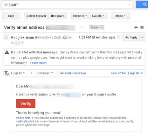 Gmail puts Google+ verification mail in spam folder