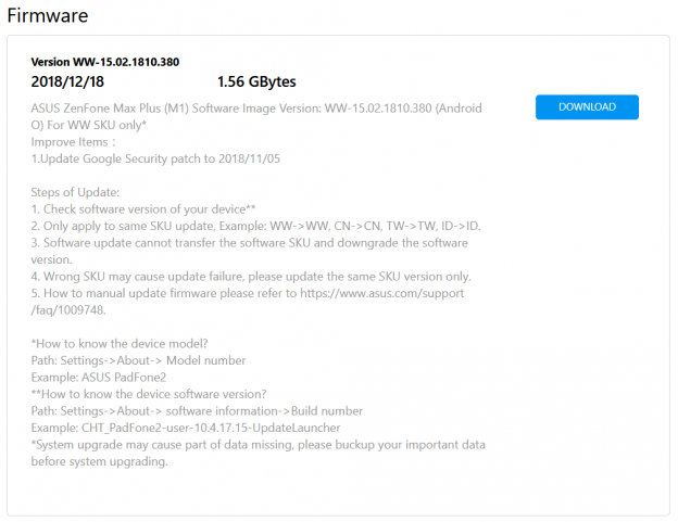 ASUS ZenFone Max Plus (M1) firmware update to 15.02.1810.380 – Android 8.1 Oreo